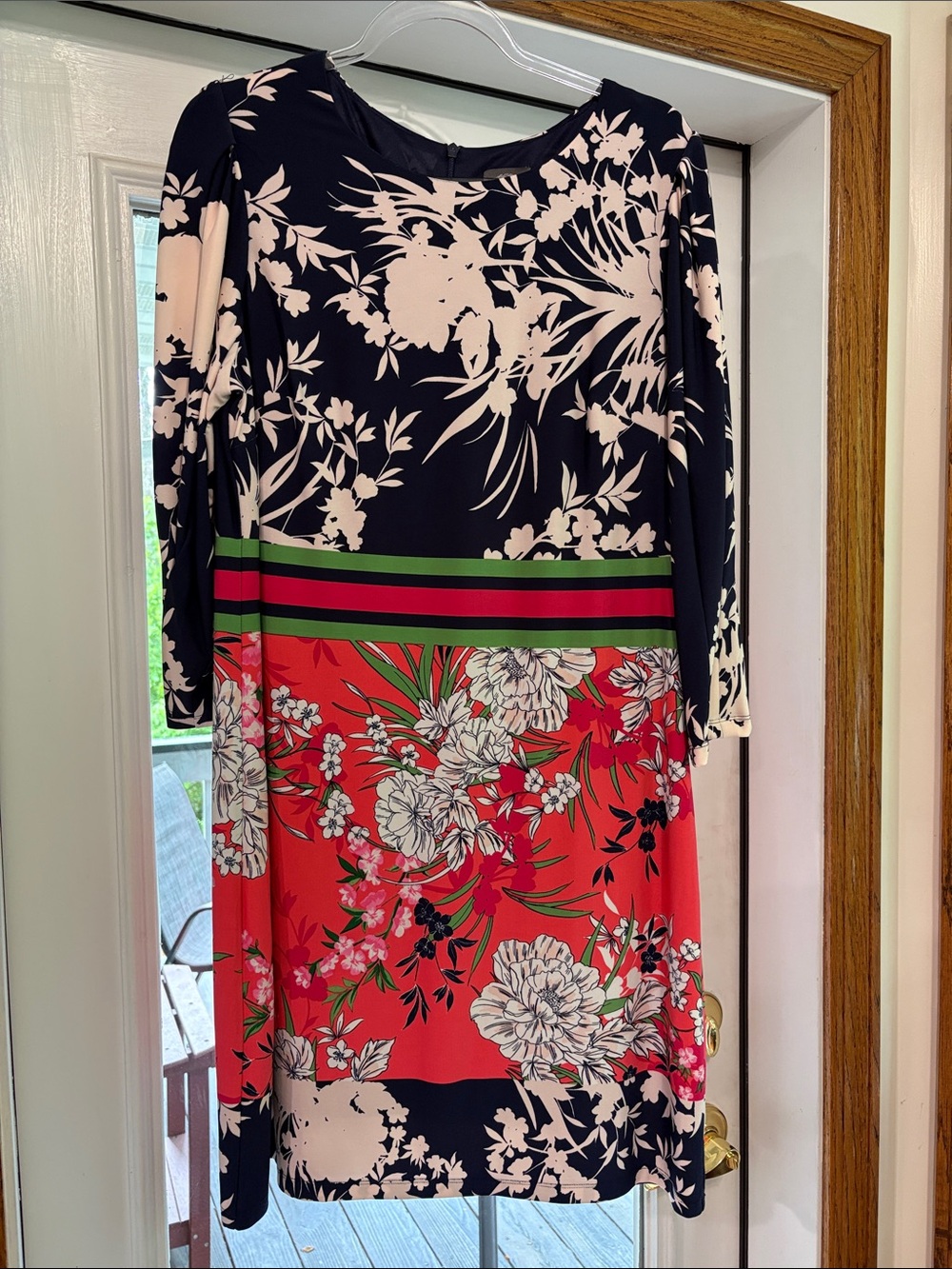 Vince Camuto Navy and Coral Floral Long Sleeve Dress